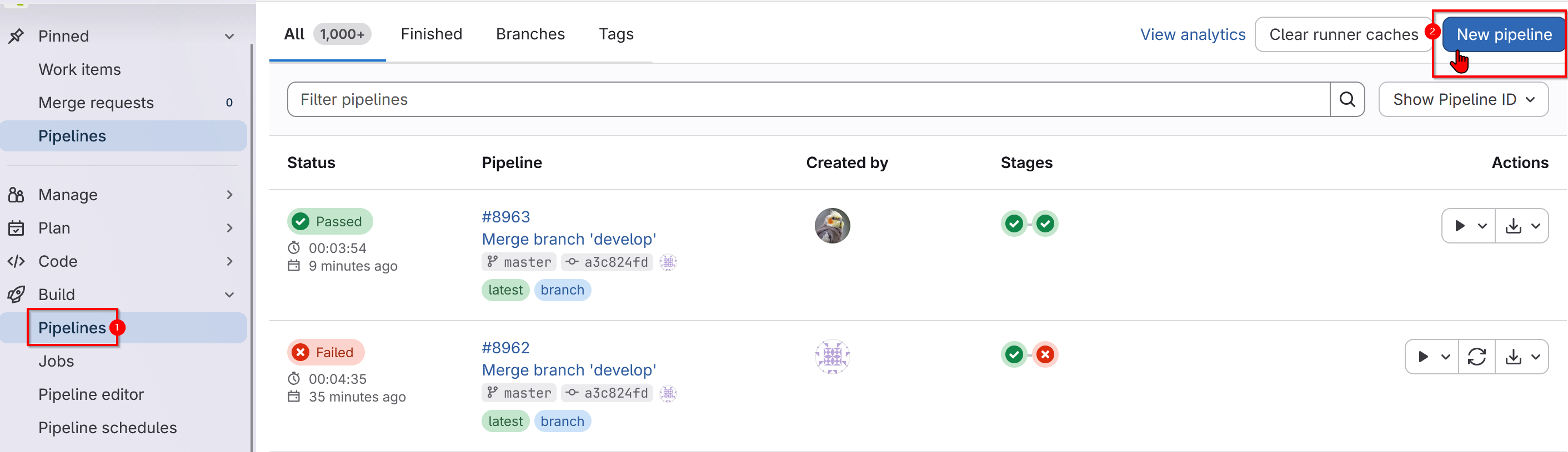 Page Pipelines de GitLab : ouvrir "Build > Pipelines" dans le menu de gauche, puis cliquer sur "New pipeline" en haut à droite