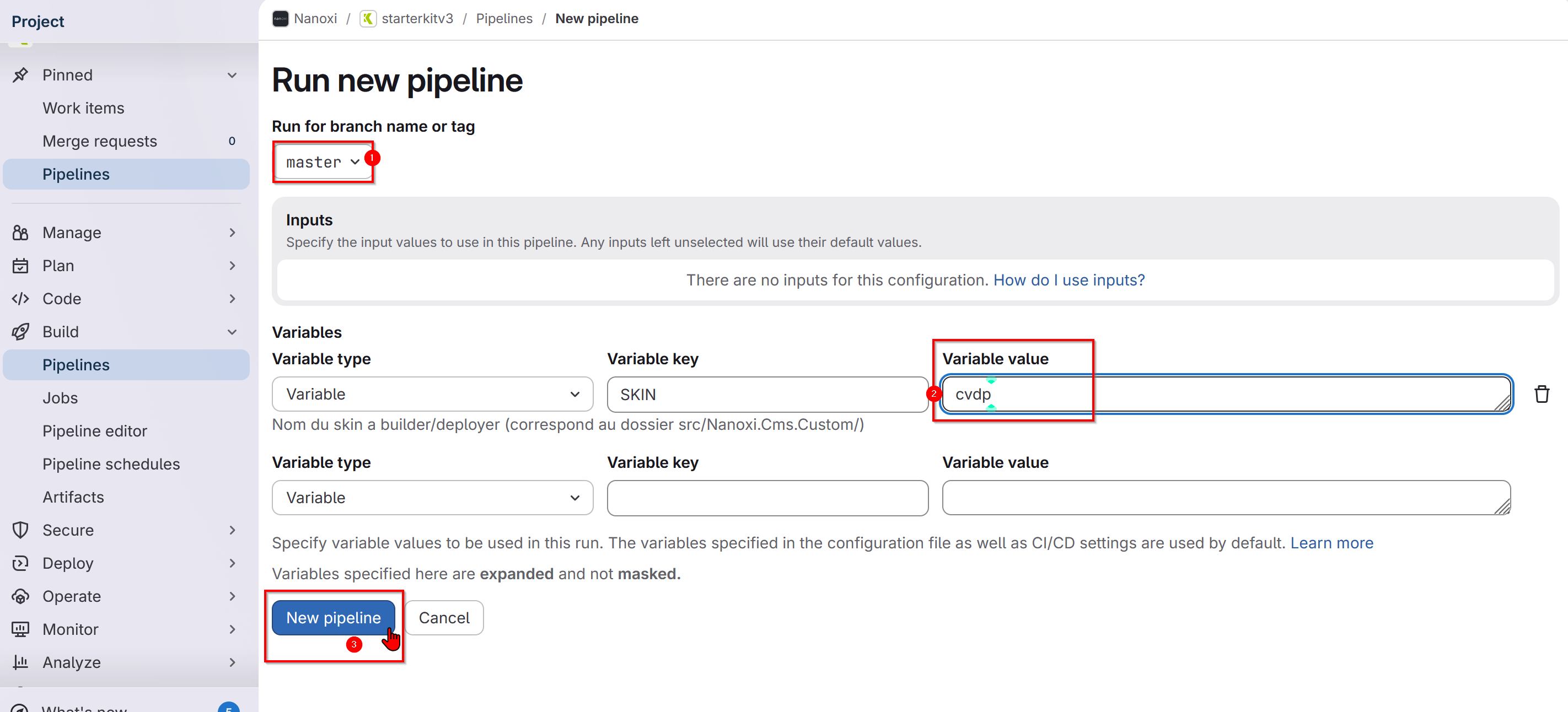Formulaire "Run new pipeline" : choisir la branche, ajouter la variable  avec le nom du skin client comme valeur, puis cliquer sur "New pipeline" pour lancer
